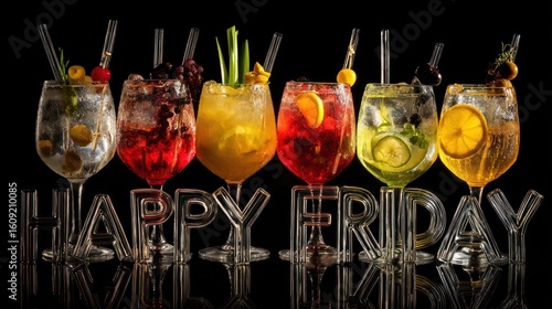 Colorful cocktails displayed happy friday