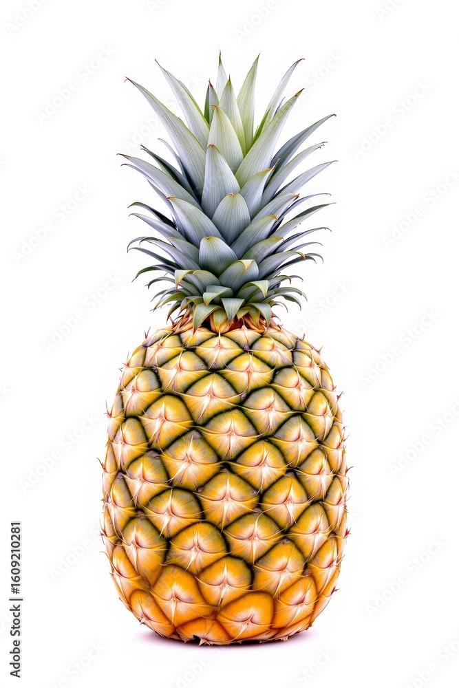 Fototapeta premium Golden Pineapple with Spiky Crown on White Background