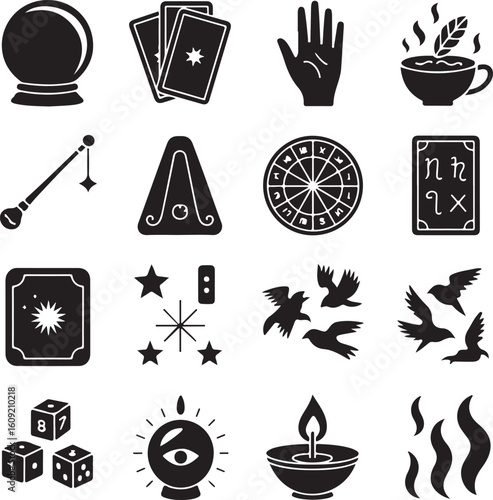 Fortune, telling, icon, set, divination, magic, silhouette, vector, black, isolated, illustration, design, esoteric, future, prediction