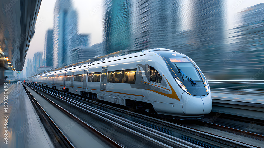 Naklejka premium White high speed train moving fast on tracks with blurred city skyscrapers in background transportation