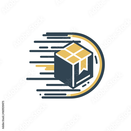 A stylized illustration of a fast-moving delivery package symbolizing swift logistics and shipping