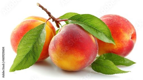 Fresh ripe peaches with green leaves on clean white background showing organic summer fruit concept