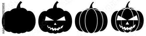 A set of four black pumpkin silhouettes featuring simple and carved Halloween faces.