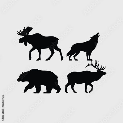Black silhouettes of moose bear wolf and elk moose silhouette