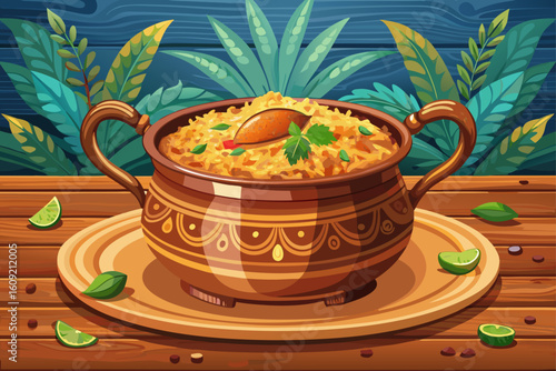 vector of Fragrant Biryani is served in a traditional copper pot on a rustic wooden table.