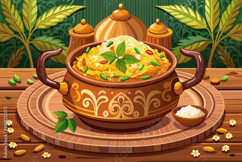 vector of Fragrant Biryani is served in a traditional copper pot on a rustic wooden table.