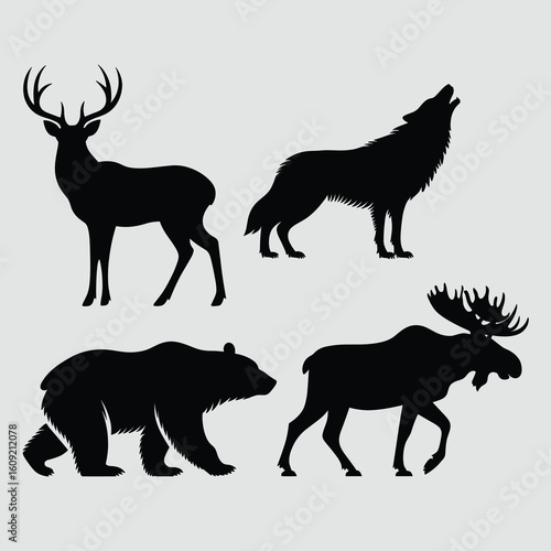 Four Black Animal Silhouettes Deer Wolf Bear Moose