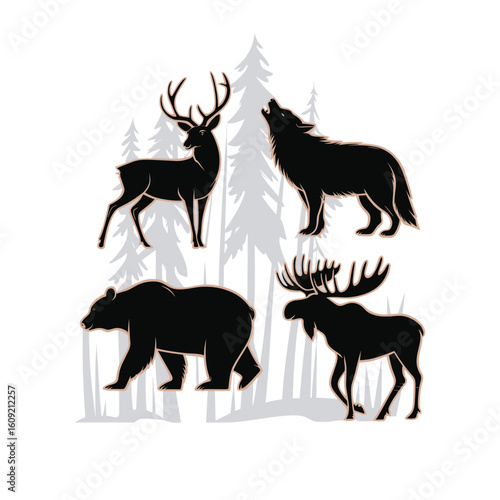 Four black animal silhouettes with light brown outlines in a forest setting