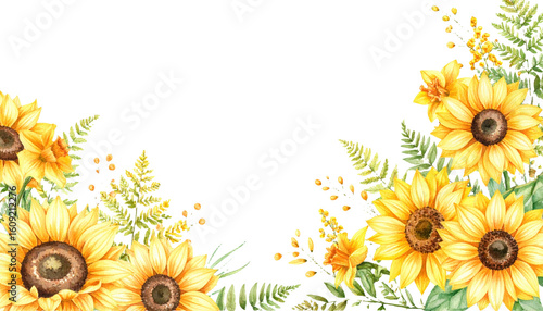 Floral Corner Border Yellow, gold, mustard Watercolor Flowers Sunflowers, daffodils, png