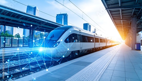 Modern train at a city station with futuristic overlay