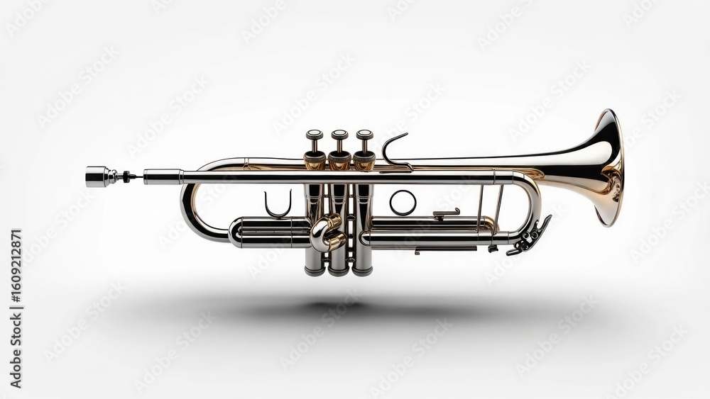 Obraz premium Polished trumpet, silver and gold, isolated on white