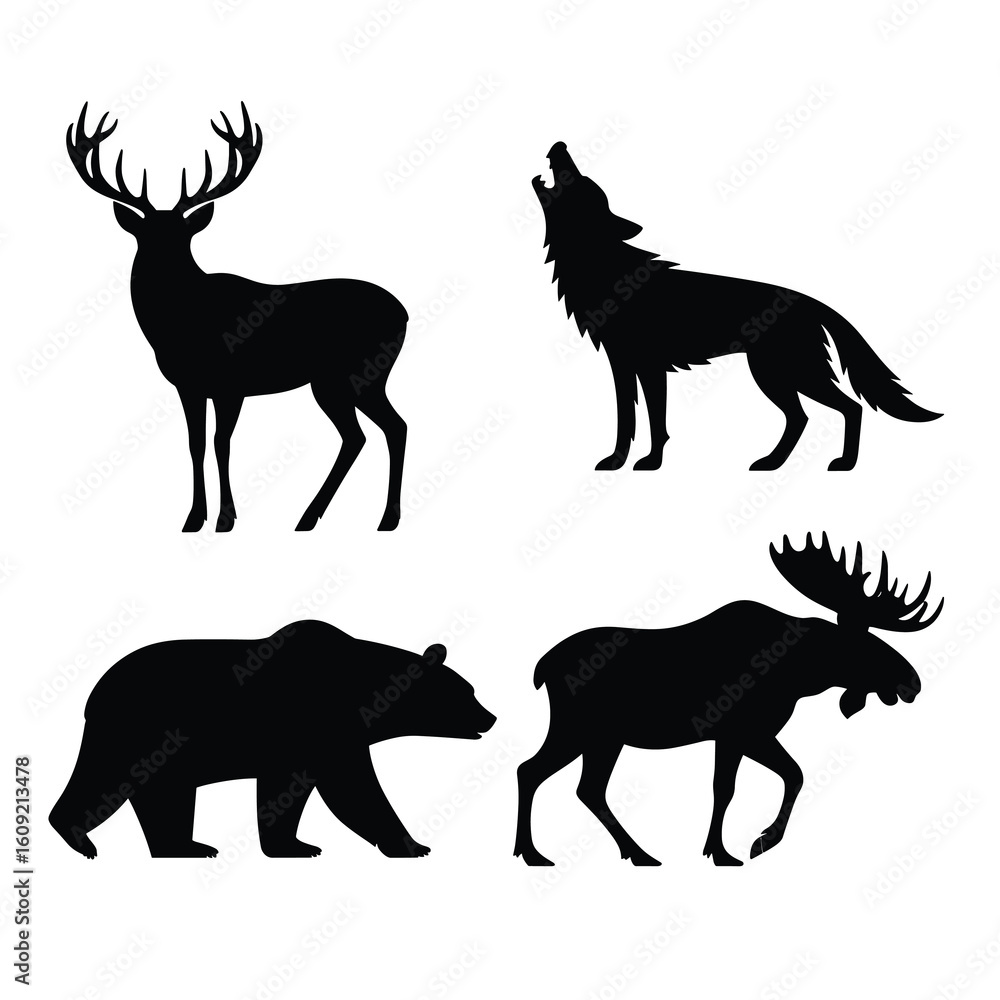 Obraz premium Four black silhouette animals deer wolf bear moose