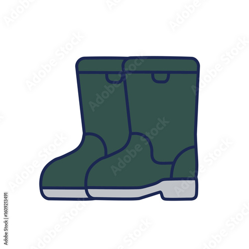 A pair of dark green rubber boots with a simple, outlined cartoon style illustration.