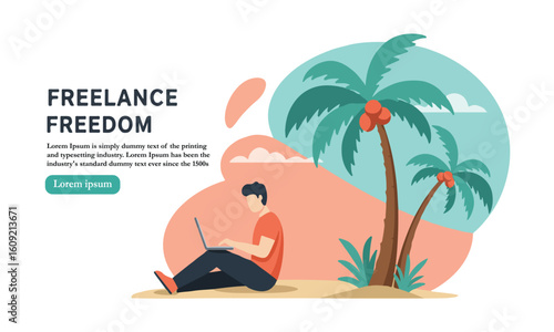 Flat illustration of relaxing freelancer near beach, suitable for digital nomad content, productivity, and freedom lifestyle