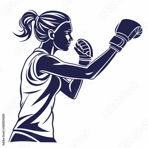 Determined female boxer in fighting stance ready to strike with focused expression and athletic build