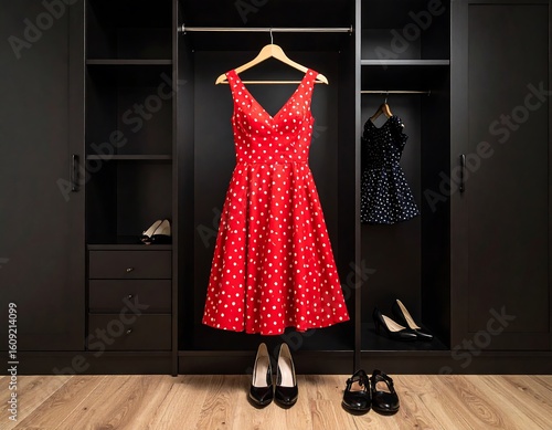 Elegance embodied: A vintage-inspired polka dot dress showcased in a modern dark wardrobe with