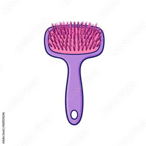 Cartoon-style purple hairbrush with pink bristles and rounded handle design.
