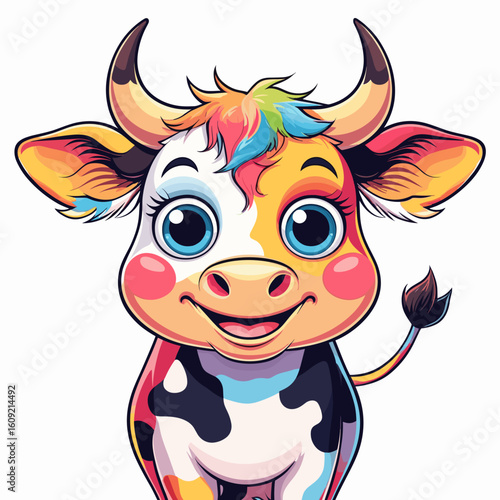 Colorful cartoon cow smiling with a rainbow mane and big eyes  