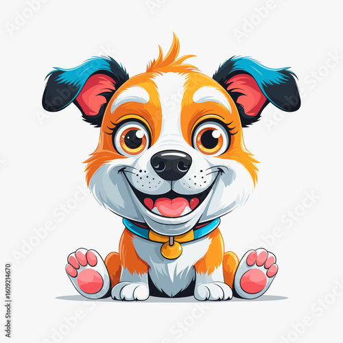 Cartoon dog smiling happily with colorful fur and bright eyes  