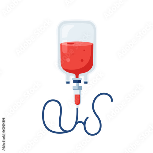 Flat vector illustration of a medical blood bag for transfusion with a coiled blue tube.