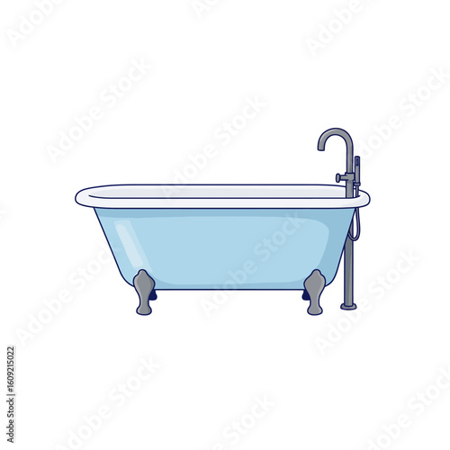 Illustrated classic light blue clawfoot bathtub with ornate grey feet and a freestanding faucet.