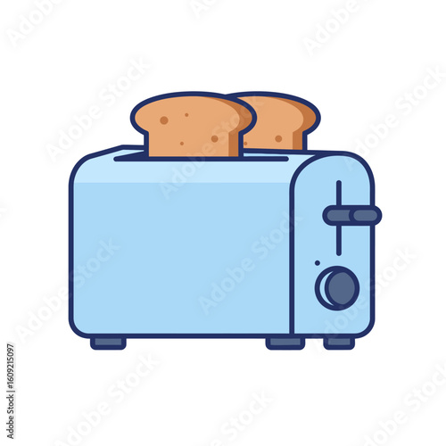 Light blue toaster with two bread slices, a side lever, and a dial. Flat icon style with dark outlines.