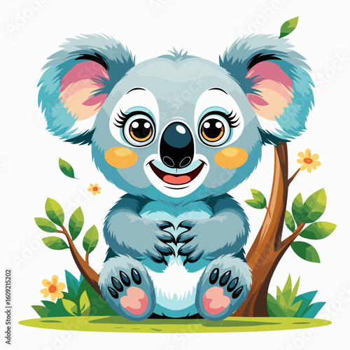 Cartoon koala sitting happily on tree surrounded by green foliage  
