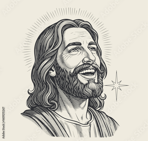 Vintage-style illustration of Jesus Christ a joyful, bearded man with long hair, smiling and looking upward in hope.