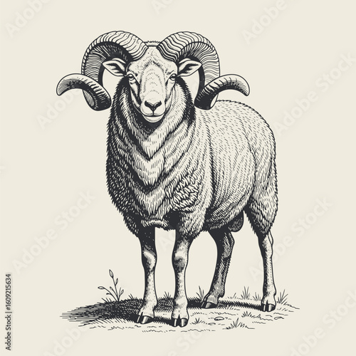 Big Horn Ovis Sheep Head Portrait Illustration Engraving Style Black and White Outline Line Art Drawing