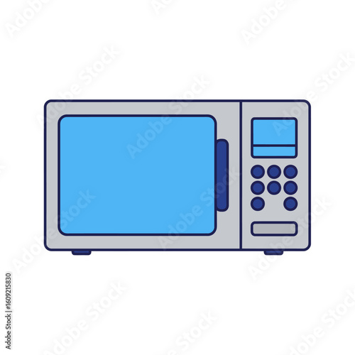 Simple flat icon of a grey microwave oven with a blue glass door and digital keypad.