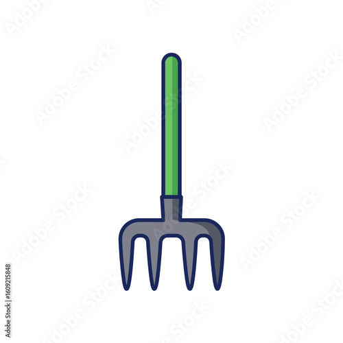 Simple Illustrated Garden Fork with Green Handle and Three Tines, Isolated.