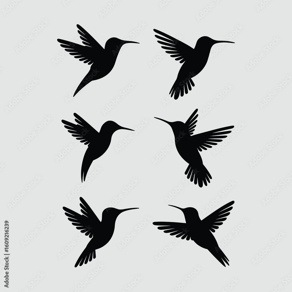Fototapeta premium Six stylized black hummingbirds in flight on a light gray background