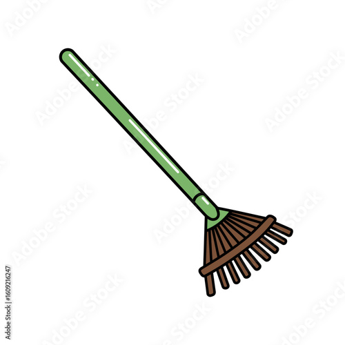 Stylized cartoon garden leaf rake with a long green handle and brown fan-shaped tines.
