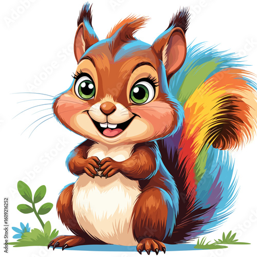 Cute cartoon squirrel with colorful fur smiling in a grassy meadow  