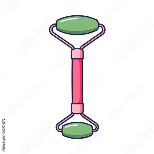 Stylized double-ended facial roller with smooth green jade stones and a pink handle.