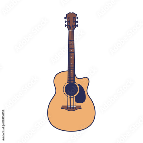 Stylized illustration of a tan acoustic guitar with a cutaway body and dark blue accents.