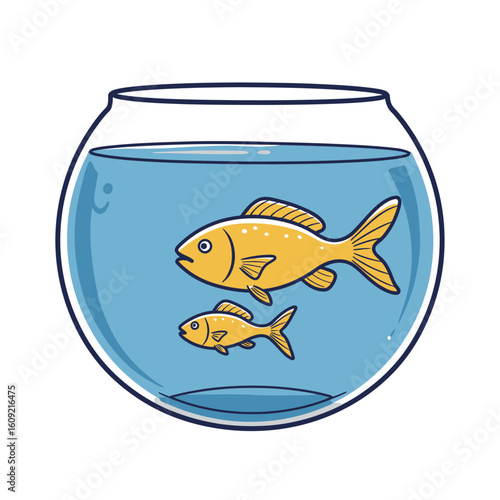 Two Cartoon Goldfish Swimming in a Glass Fishbowl with Blue Water