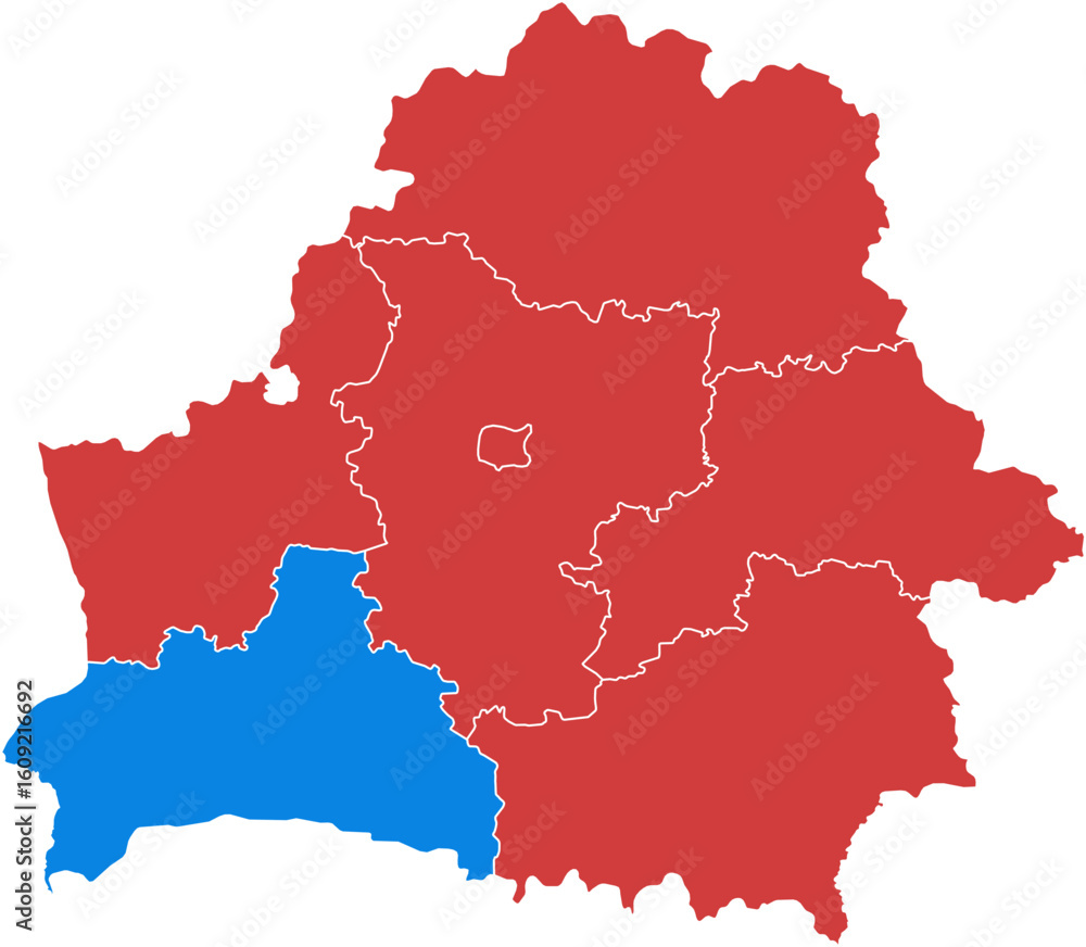 Obraz premium Belarus map. Map of belarus with one region highlighted in blue isolated on white background.