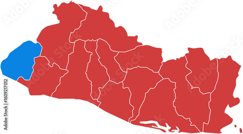 El Salvador map. Map of el salvador with one department highlighted in blue isolated on white background.