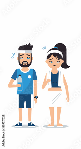 A man and a woman in athletic wear look tired and sweaty after a workout. The man holds a water bottle, and the woman has a towel around her neck.
