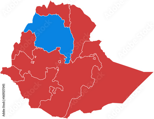 Ethiopia map. Map of ethiopia with tigray region highlighted in blue isolated on white background.