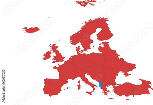 Europe map. Map of europe with albania highlighted in blue isolated on white background.