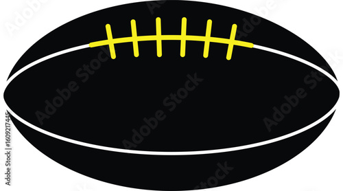 Black American football with yellow laces, silhouette vector Illustration.