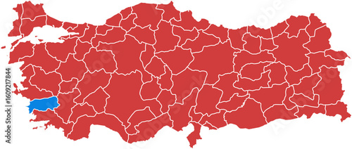 Turkey map. Map of turkey with izmir province highlighted in blue isolated on white background.