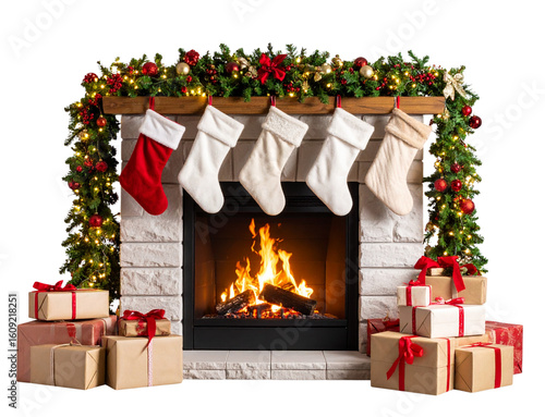  Cozy Fireplace Scene with Christmas Stockings and Decorations, transparent background PNG