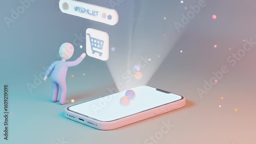 Wallpaper Mural A stylized figure interacts with a smartphone screen displaying a shopping cart icon and wishlist, representing online shopping. Torontodigital.ca
