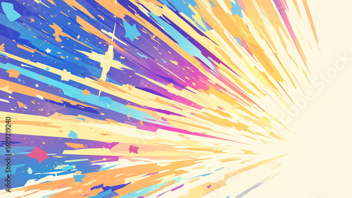 アニメ風背景、虹色グラデーション、中心から広がる光、カラフルライン、プレゼン素材、テクノロジー感、ビジネスにも使える背景、明るい抽象背景、未来的印象