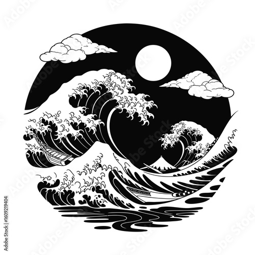 Dramatic ocean waves under a full moon and clouds