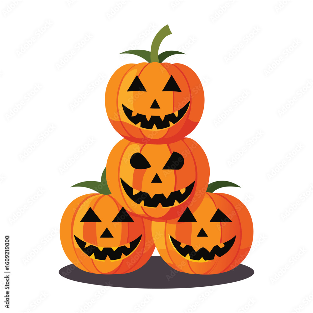Fototapeta premium Spooky stack of four carved halloween pumpkins with glowing jackolantern faces, arranged in a pyramid formation on a white background