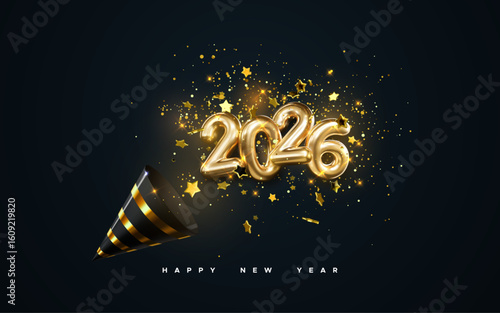 Golden 2026 numbers, party popper cone and glittering confetti isolated on black background. Vector festive illustration. Holiday decoration of sparkling tinsel particles. Happy New Year party banner